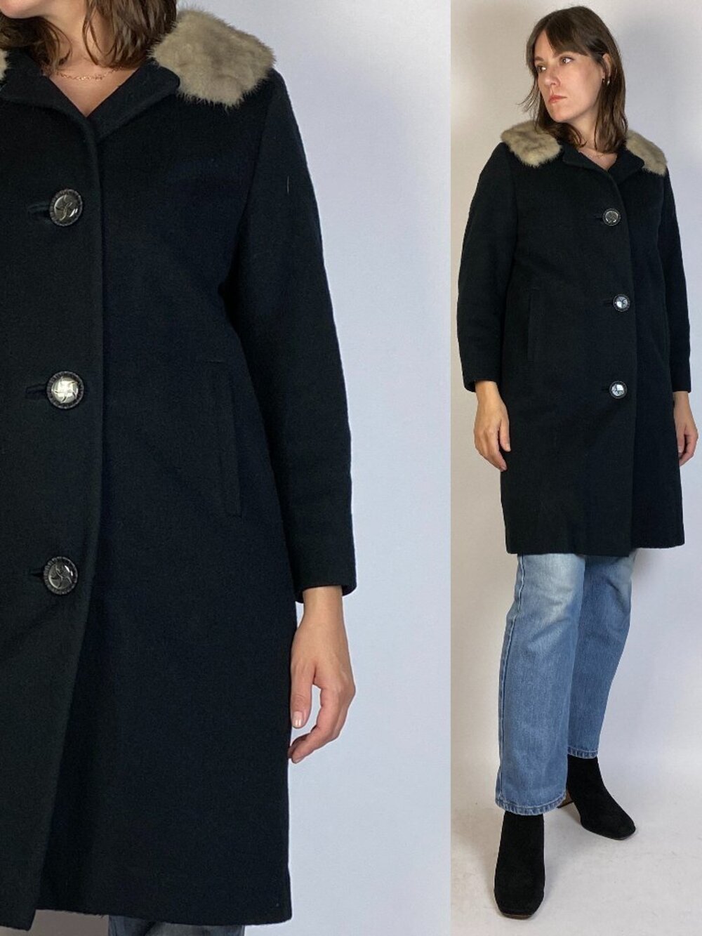 Vintage 1960s WOOL Mod Coat with FUR COLLAR -- Small to Medium